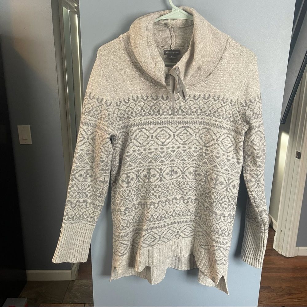 Eddie bauer Gray fair isle sweater with drawstring funnel neck